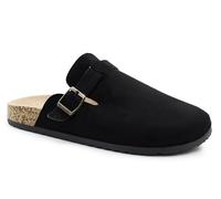 IMTY Mens Faux Suede Clogs Slip On Adjustable Buckle Cork Footbed Arch Support Backless Mules Flat Casual Slippers (Black, UK Footwear Size System, Adult, Men, Numeric, Medium, 10)
