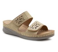 IMTY Womens Backless Sandals Touch Fasten Low Wedge Heel Open Toe Metallic Summer Ladies Fashion Sandal Beach Slides Shoes (Gold, UK Footwear Size System, Adult, Women, Numeric, Medium, 5)