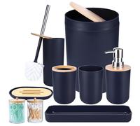 iMucci 8Pcs Navy Blue Bathroom Accessories Set - with Trash Can Toothbrush Holder Soap Dispenser Soap and Lotion Set Tumbler Cup (IZ0124)