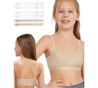 iMuchic Clear Straps Dance Bra for Girls, 8-16 Years Training Ballet Gymnastics Sports Seamless Bralette with Silicone Covers, Beige, Large