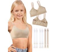 iMuchic Girl Dance Bra - Seamless Wireless Elastic Bras with 2 Pair Adjustable Replace Clear Straps Silicone Covers, Beige-v-Neck Pad, Small