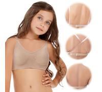 iMuchic Girls Dance Bra - Seamless, Invisible, Clear Strap Bra with Adjustable Straps, Beige, 10-12 Years