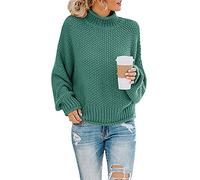 Imuedaen Sweater, Women’s Elegant Winter Turtleneck Sweater, Knitted Sweater, Coarse Knit Sweater, Casual Loose Long Sleeve Tops, A dark green, S