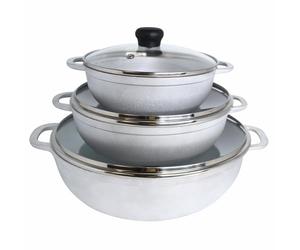 IMUSA Caldero Stock Pot with Glass Lid 3pc Set, 1.5/2.5/5.2qt, Cast Aluminum, Perfect for Serving Medium & Small Groups, Riveted Handles, Made in Colombia, Silver.