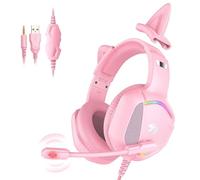 IMYB Gaming Headset with Microphone for Pc, Xbox One, Ps4, Ps5, Switch, Stereo Wired Noise Cancelling Over-Ear Cats Ears Headphones with Mic, RGB, for Computer, Laptop, Mac, Nintendo, Gamer (Pink)