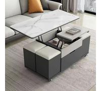 IMYOGI Exquisite Lift Top Coffee Table Set with 4 Seats 3-in-1 Convertible Center Table Rock Board Design Double-Sided Storage Cabinets White Dining Table for Living Room (120 * 60 cm)