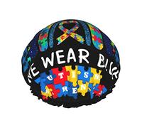 In April We Wear Blue Autism Awareness Shower Cap Women Reusable Long Hair Caps Adjustable Double Layer Bathing Shower Hat For Women Kids Suitable For All Lengths