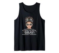 in April We Wear Gray Parkinson's Awareness Messy Bun Tank Top