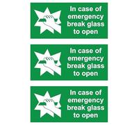 In case of emergency break glass to open safety sign - Pack of 3 200mm x 100mm Self adhesive stickers - Self adhesive stickers on sheet (300mm x 200mm)