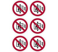 In case of fire do not use this lift sign 100mm circle - Pack of 6 stickers on A4 sheet