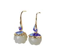 In Cloisonne Enamel Fish-shaped Inlaid Natural Hetian Jade Lotus Flower Earrings for Women Fashion Classical Jewelry