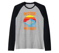 in Code We Trust Retro Programmer Sunset Coder Raglan Baseball Tee