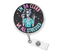 In Da Clerb We All Stressed Badge Reel 1.6 Inches Badge Holder with Retractable Clip Mental Health Funny Healthcare Medical Nurse Nursing Acrylic Material Badge Accessories for HR Nurse Office Workers