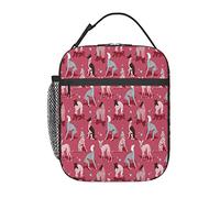 in Love Greyhounds Red Background Pink Dog Pyjamas Lunch Bag, Durable Insulated Lunch Box Reusable Adults Tote Bag Reusable Cooler Bag