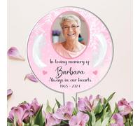 "In Loving Memory" Customisable Acrylic Grave Sign with Feather Design and Photo - Personalised Memorial Tribute for Loved Ones - Weather-Resistant Grave Marker (Pink)