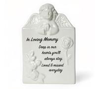 In Loving Memory Grave Vase, White With Cherub Design, Flower Holder