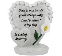 In Loving Memory Memorial Double Heart Ornament with Rose Border & White Lily - Stone-Effect Standing Grave Ornament with Inscription - Graveside & Garden Tribute Keepsake for Mum Dad Nan Grandad