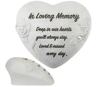 In Loving Memory Memorial Heart Ornament with Diamantes & Embossed Roses - Graveside Grave Decoration, Cemetery Ornament for Mum Dad Nan Grandad - Funeral Remembrance Tribute Stone Effect Keepsake