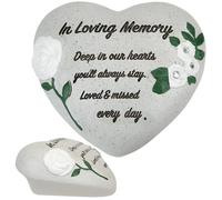 In Loving Memory Memorial Heart Ornament with Diamantes & White Roses - Graveside Grave Decoration, Cemetery Ornament for Mum Dad Nan Grandad - Funeral Remembrance Tribute Stone Effect Keepsake