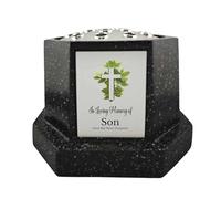 In Loving Memory Of Memorial Octagon Rose Bowl Grave Marker Flower Pot Vase With Cross Design Mum Dad & Lots More Black/Silver (UV PRINTED) (Son)