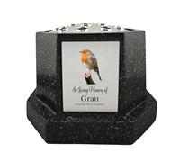 In Loving Memory Of Memorial Octagon Rose Bowl Grave Marker Flower Pot Vase With Robin Design Mum Dad & Lots More Black/Silver (UV PRINTED) (Gran)