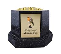 In Loving Memory Of Memorial Octagon Rose Bowl Grave Marker Flower Pot Vase With Robin Design Mum Dad & Lots More Black/Gold (UV PRINTED) (Mum & Dad)