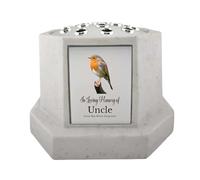 In Loving Memory Of Memorial Octagon Rose Bowl Grave Marker Flower Pot Vase With Robin Design Mum Dad & Lots More White/Silver (UV PRINTED) (Uncle)