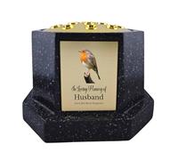 In Loving Memory Of Memorial Octagon Rose Bowl Grave Marker Flower Pot Vase With Robin Design Mum Dad & Lots More Black/Gold (UV PRINTED) (Husband)