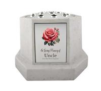 In Loving Memory Of Memorial Octagon Rose Bowl Grave Marker Flower Pot Vase With Rose Design Mum Dad & Lots More White/Silver (UV PRINTED) (Uncle)