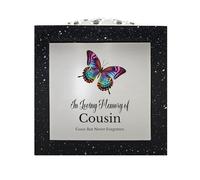In Loving Memory Of Memorial Rose Bowl Grave Marker Flower Pot Vase With Butterfly Design Mum Daddy & Lots More Black/Silver (UV PRINTED) (Cousin)