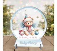 In Loving Memory Personalised Acrylic Flat Snowglobe Shaped Plaque - Remembering Miscarriage, Stillborn, Lost Angel Babies - for Grieving Parents' Tribute Keepsake Gift (Blue Christmas Teddy)