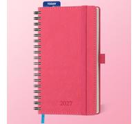 IN-LUXPRO 2027 Diary: Pocket A6 Week to View Slim Weekly Planner Spiral | (16.4x9.5 cm) 12 Months (Jan.-Dec.) Appointment with Month Tabs, Expenses/Note Pages, 100GSM Paper PU Leather Rose Red