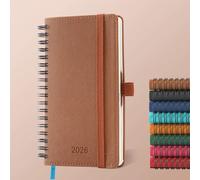IN-LUXPRO Diary 2026 Planner: A6 Week to View (16.6x9.7cm) 12 Months (Jan.-Dec.) Weekly & Monthly Planner with Month Tabs & Pocket, Expenses/Note Pages Spiral Softcover 100GSM Paper PU Leather Brown