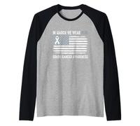 in March We Wear Blue Colon Cancer Awareness American Flag Raglan Baseball Tee