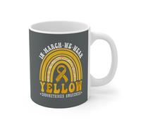 in March We Wear Yellow Endometriosis Awareness Ceramic Coffee Mug with Rainbow and Ribbon Design, 11oz, Ceramic Black (Grey)