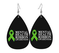 In May We Wear Green MentalAwareness Month Dangle Leather Clip on Earrings Faux PU Lightweight Teardrop Drop for Women