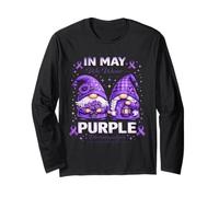 in May We Wear Purple Fibromyalgia Awareness Gnome Support Long Sleeve T-Shirt