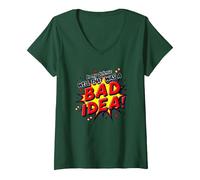 in My Defense Well That was A Bad Idea Comic Style V-Neck T-Shirt, Women, Forest Green, S