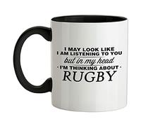 in My Head I'm Thinking About Rugby - 11oz - Ceramic Two-Tone Mug for Coffee/Tea - Black/White - One Size