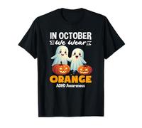 in October We Wear Orange Cute Ghosts Halloween ADHD Kids T-Shirt