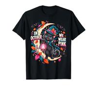 in October We Wear Pink Black Cat Witchy Breast Cancer Value Graphic T-Shirt