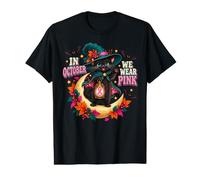 in October We Wear Pink Black Cat Witchy Breast Cancer Value Graphic T-Shirt