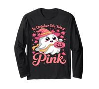 in October We Wear Pink Breast Cancer Awareness Witch Ghost Long Sleeve T-Shirt