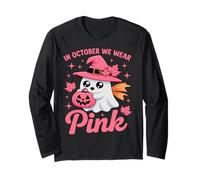 in October We Wear Pink Breast Cancer Awareness Witch Ghost Long Sleeve T-Shirt