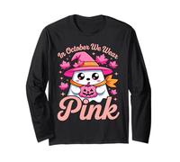 in October We Wear Pink Breast Cancer Awareness Witch Ghost Long Sleeve T-Shirt