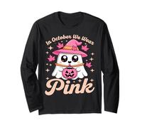 in October We Wear Pink Breast Cancer Awareness Witch Ghost Long Sleeve T-Shirt