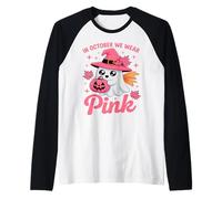 in October We Wear Pink Breast Cancer Awareness Witch Ghost Raglan Baseball Tee
