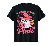 in October We Wear Pink Breast Cancer Awareness Witch Ghost T-Shirt