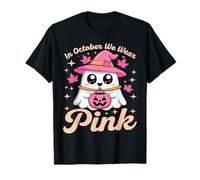 in October We Wear Pink Breast Cancer Awareness Witch Ghost T-Shirt