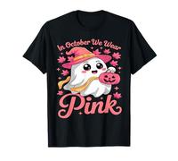 in October We Wear Pink Breast Cancer Awareness Witch Ghost T-Shirt